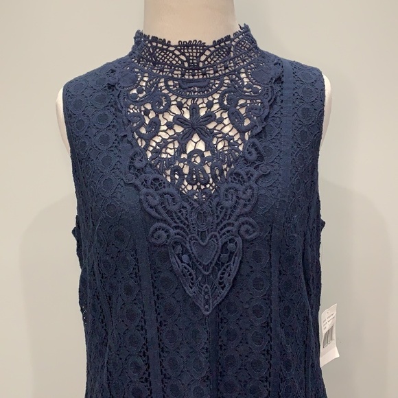 NWT- Jodi Kristopher Navy High Neck Crochet/Lace Dress - Picture 2 of 7
